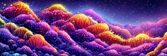 Colorful mountain range with a purple and orange peak. The mountains are covered in a variety of colorful plants and flowers. The sky is dark and starry, creating a sense of wonder and awe