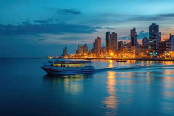 Fototapeta premium Tourist boat gliding through calm waters with a vibrant cityscape at twilight, Tourist boat in the sea passing by with cityscape at the background during the blue hour