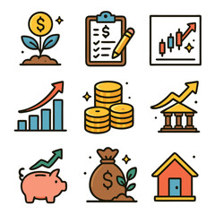 Finance icons depict investment growth and money management with charts and a savings bag in a colorful illustration