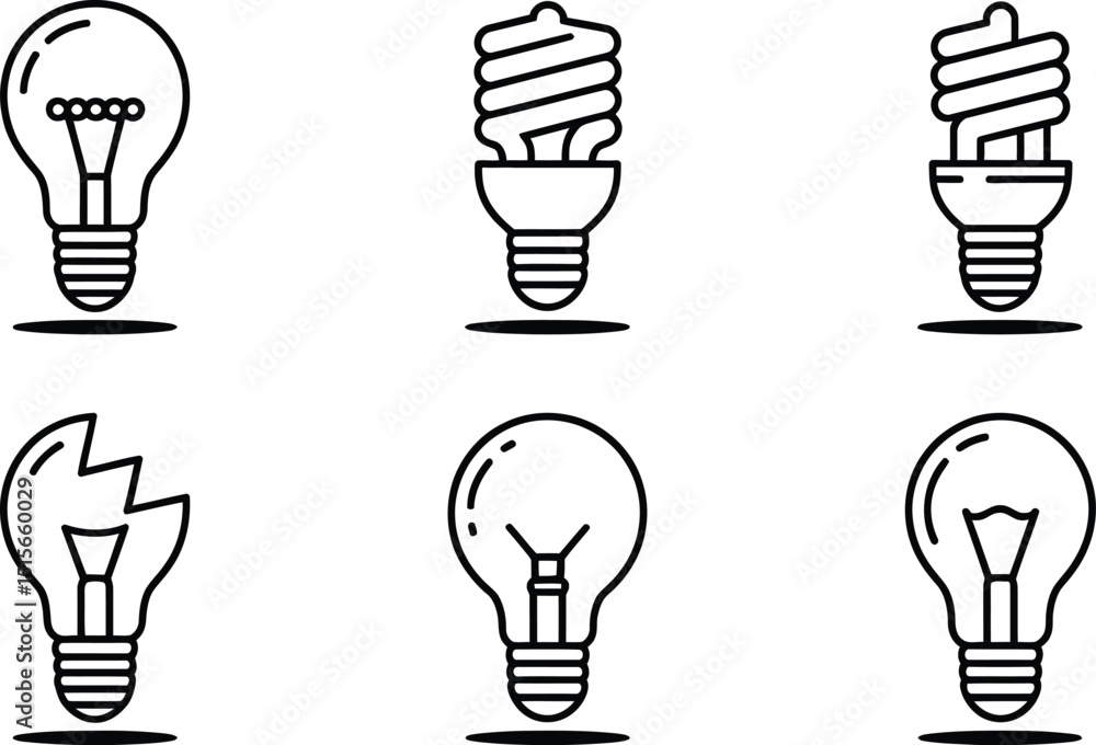 Poster vector illustration set featuring various styles of light bulbs in a modern minimalistic outline des