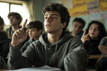 Fototapeta premium Male student actively engaging in a Latin classroom discussion, Latin students in the classroom Male student asking questions in class