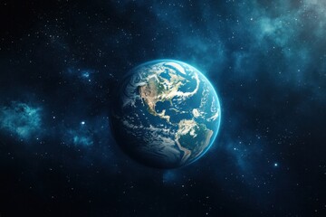 Fototapeta premium Planet Earth drifting in the vast abyss of space amidst cosmic clouds and stars, planet earth drifting into the abyss of space