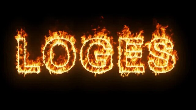 Glowing word logs in fire effect on black background representing alert burning error or digital data record in a tech themed visual
