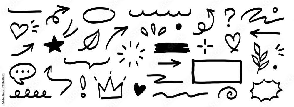 Poster hand marker line icon brush element set. hand drawn marker sketch style underline, arrow, heart shap