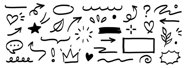 Hand marker line icon brush element set. Hand drawn marker sketch style underline, arrow, heart shape. Doodle crown, heart, pointer and symbol element for business infographic. Vector illustration