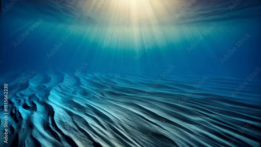 Poster sunlight streams through the ocean surface casting rays onto sand seabed with rippled patterns in a 