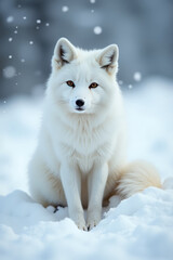 Obraz premium White arctic fox perfectly blends into the arctic, icy snowy environment, showcasing remarkable natural mimicry and adaptation