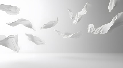 Obraz premium White fabric pieces floating in a minimalist setting.