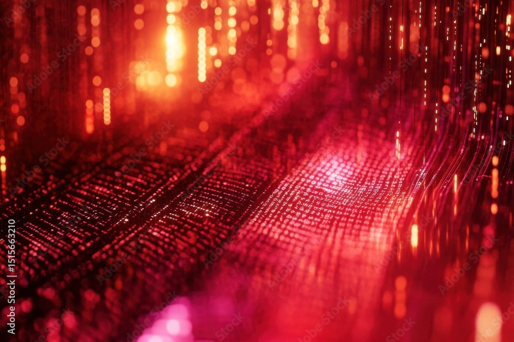 Poster macro shot of glitching digital code creating a seamless red and orange pattern, macro shot of glitc