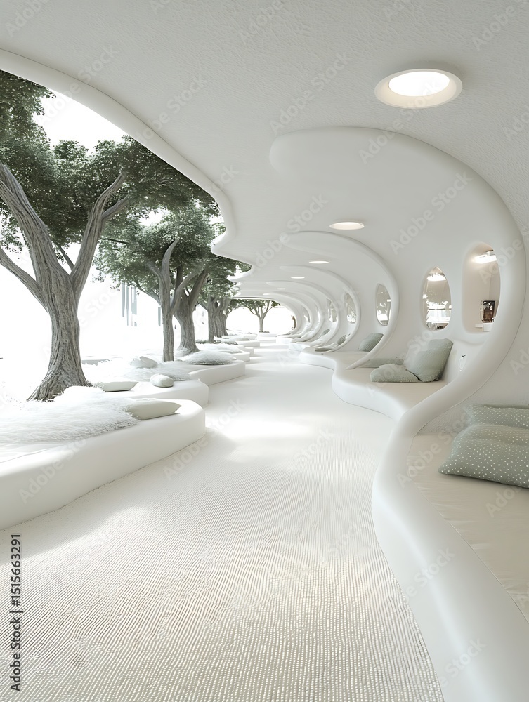 Poster surreal white architectural corridor with nature integration and soft light