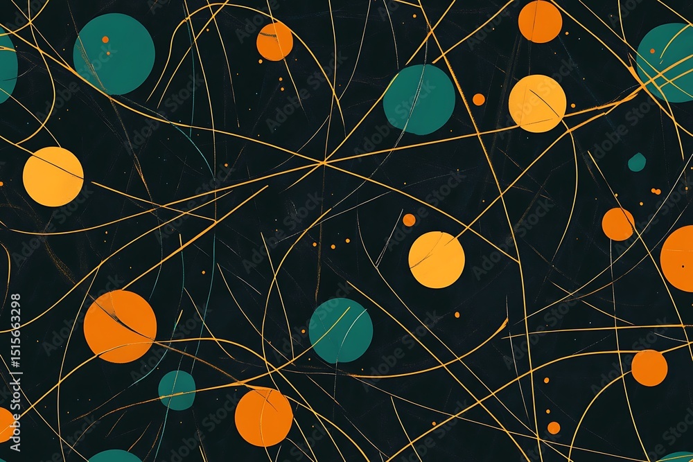 Poster Abstract Dark Background with Orange and Teal Circles Intersected by Golden Lines and Dots