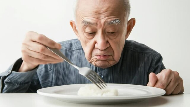 Elderly man stares at meager meal