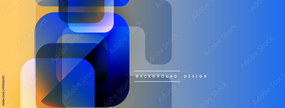 Poster abstract geometric shapes overlap, creating vibrant blue, orange gradients. modern design elements s