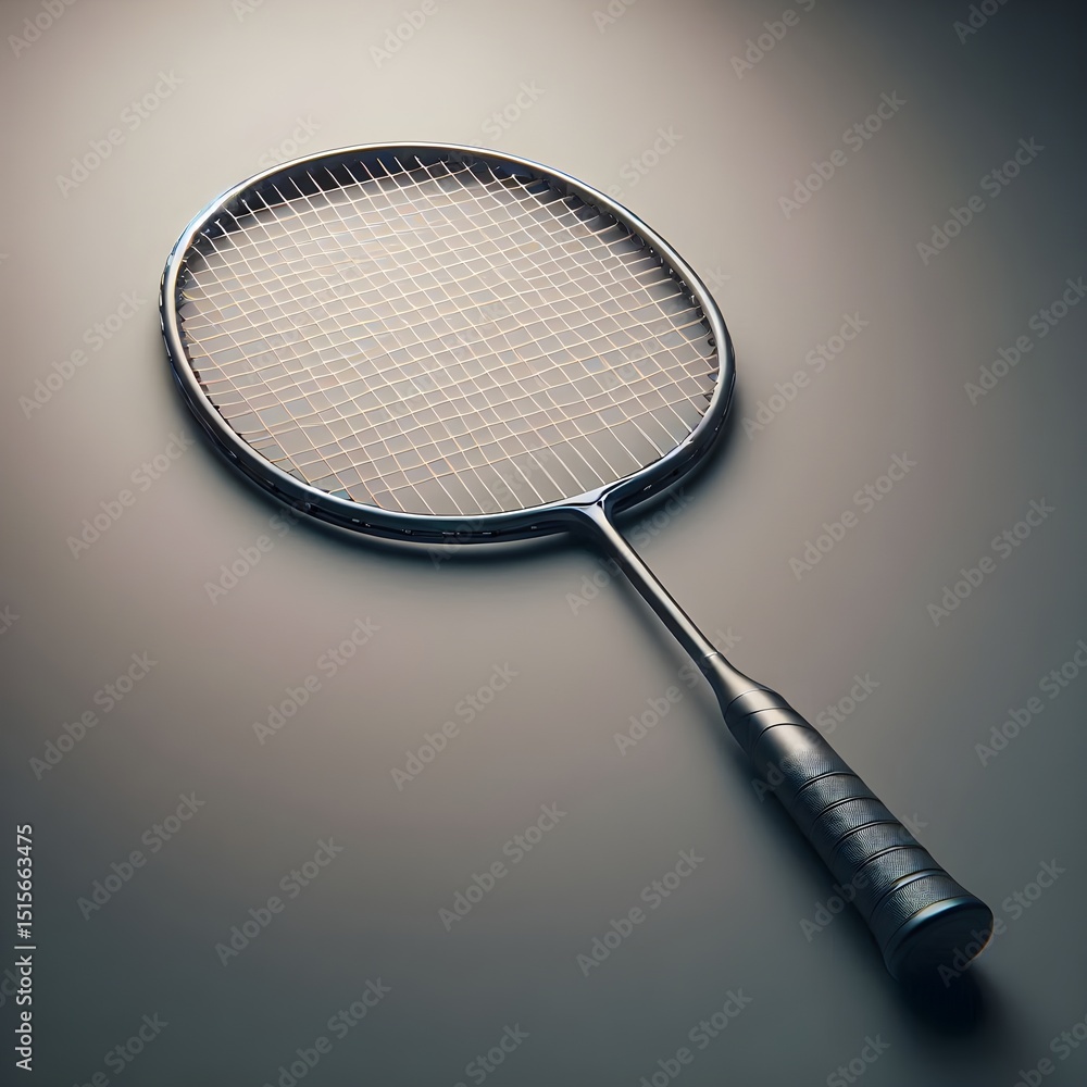 Poster studio product shot of a modern badminton racket with sleek matte surface on pure white background s