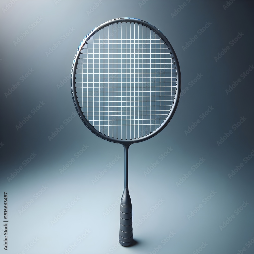 Poster minimalistic badminton racket with lightweight frame and smooth matte texture displayed on clean whi