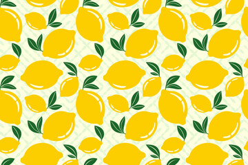 Fresh yellow Lemons with Leaves, Seamless Vector Pattern on Light Abstract Background, Perfect for textiles, wallpapers, packaging, and summer design themes.