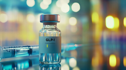 syringe and vial labeled GLP 1 are prominently displayed, symbolizing medical advancements and treatments. background features blurred, colorful pattern