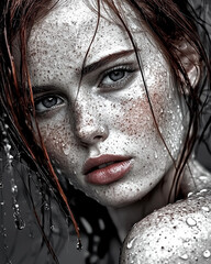 Woman with a puffy face and wet hair is captured in a photograph. Concept of freshness and vitality, as the water droplets on her hair and face give her a lively appearance