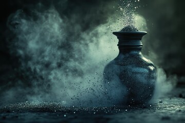 Mystical bottle releasing sparkling dust in a dark, enchanting atmosphere, Mystical bottle releasing a cloud of sparkling dust, set in a shadowy, spellbound environment