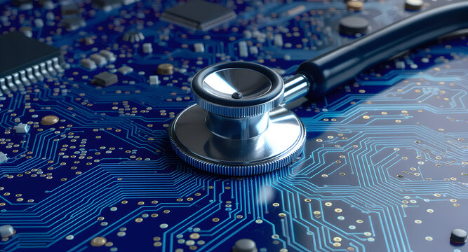 Cybersecurity health check concept with stethoscope on circuit board