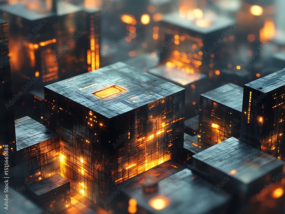 Poster abstract depiction of technology, glowing cubes representing data processing