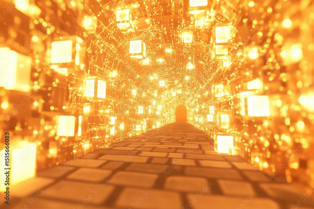 Poster glow of cubes illuminates tunnel pathway in a seamless render of vibrant light and texture, tunnel o