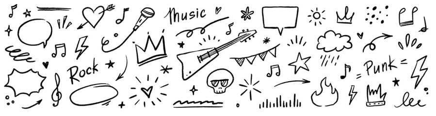 Music star doodle icon punk rock set. Hand drawn music sketch guitar, microphone, skull. Fun graffiti star shape doodle arrow, crown, speech bubble grunge decoration elements. Vector illustration