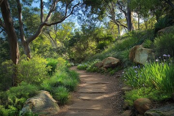 Fototapeta premium Pathway through lush native Australian landscape showcasing flora and serene natural beauty, Native Australian nature environment and habitat for endemic plants