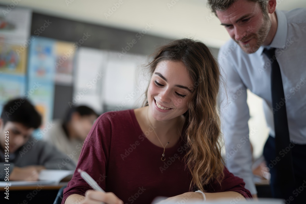 Poster female student is writing notes notebook while teacher observes her work with supportive expression.