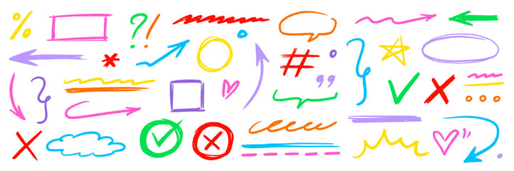Plakat Line pencil arrow color brush kid style set. Crayon chalk scribble, underline and check mark cute highlight texture. Hand drawn pastel marker sign, heart doodle design elements. Vector illustration.
