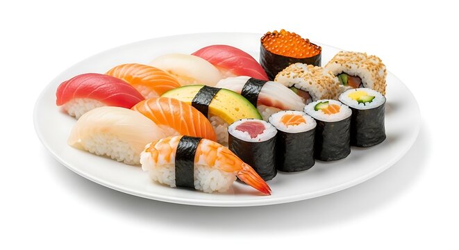 A white plate with assorted sushi rolls and nigiri pieces on a white background