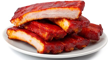 Delicious rack of bbq ribs served on a white plate isolated on white background