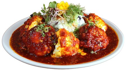 Delicious restaurant plate with chicken or meatballs in spicy sauce garnished with salad