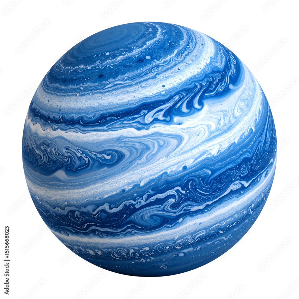 Poster a spherical object with swirling blue and white patterns resembling marble or fluid art, creating a 