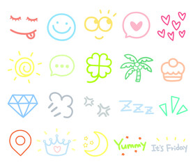 Hand Drawn Cute Doodle Icons Set - Colorful Emoji and Symbol Collection. Vector design elements.