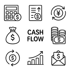 A set of doodle line icons showing financial elements like cash flow, currency exchange, investment growth, budgeting, and income