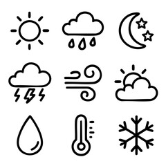 A set of doodle line icons representing various weather conditions such as sun, rain, snow, wind, lightning, temperature, and clouds