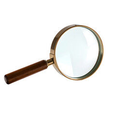 Magnifying glass with a wooden handle and gold metal rim, featuring a large, clear convex lens designed for close-up viewing and detail examination