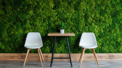 Serene interior featuring vibrant moss wall, minimalist chairs, and wooden table