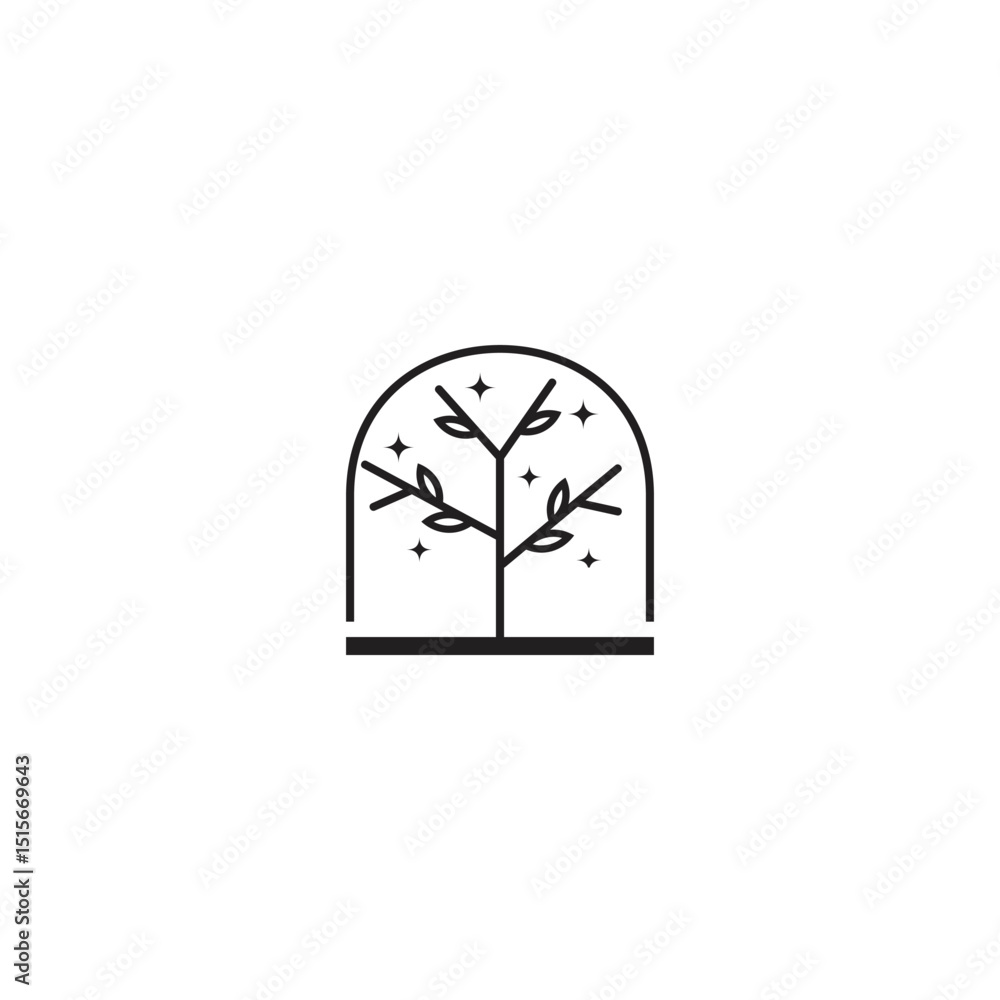 Poster minimal tree branch logo behind arched window