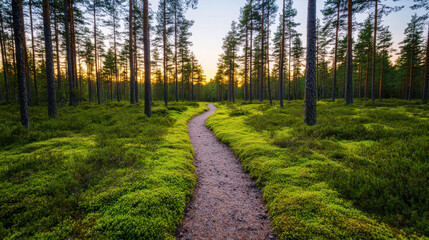 Winding path leads through lush green forest at dusk, creating serene atmosphere