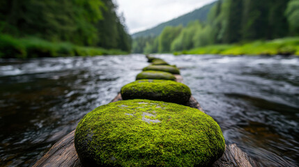 Moss covered stones along riverside trail create peaceful atmosphere in nature