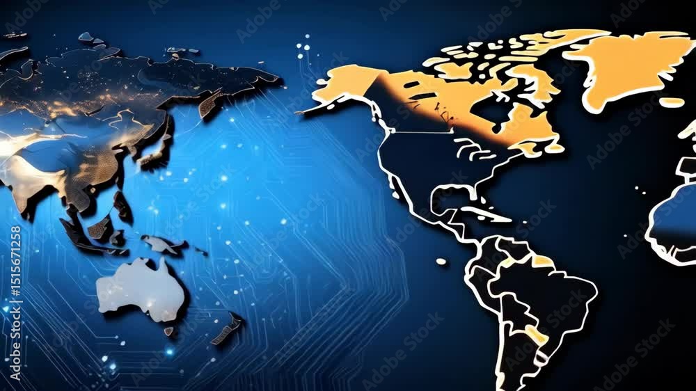 Poster digital world map illustration with circuit board background showing global connectivity for technol