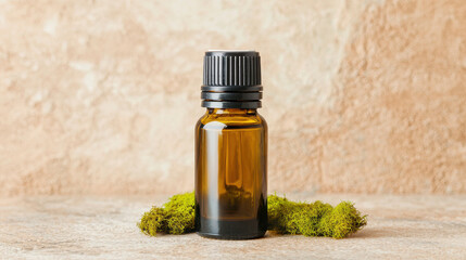 Aromatic essential oil bottle with moss on natural background, evoking tranquility and nature