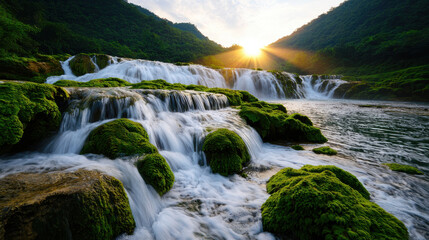 Mossy waterfall cascading through lush jungle with glowing sun rays illuminating scene