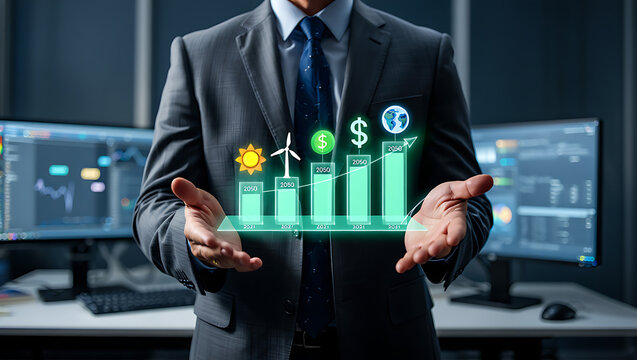 Businessman presenting a futuristic financial chart illustrating sustainable energy growth and investment - Powered by Adobe