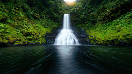 Serene mossy waterfall cascades into tranquil pool, surrounded by lush jungle greenery