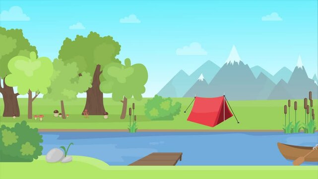 Animated Camping Scene by the Lake with Mountains in the Backgrounds
