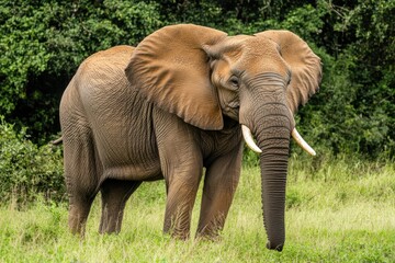 Obraz premium Majestic African elephant standing gracefully in lush greenery during daylight hours, Close up of an African elephant