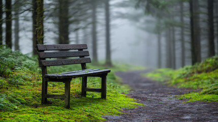 Rustic bench sits on mossy garden path, surrounded by lush greenery and misty trees